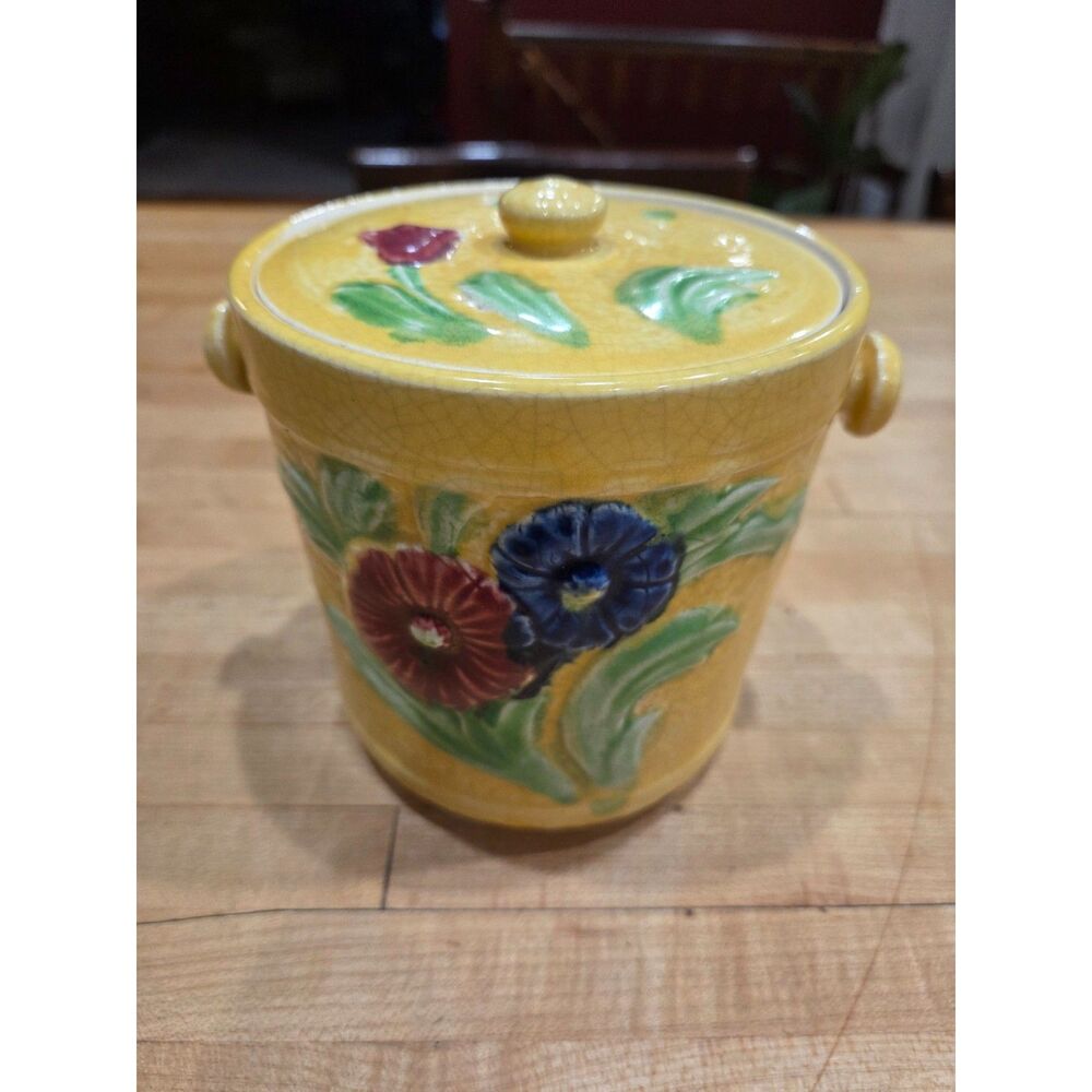 Vintage Japanese Majolica Floral Yellow Lidded Cookie Jar Biscuit Crock 6 Inch